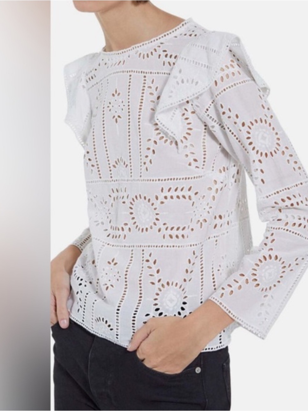 The Kooples White Eyelet Ruffle-Trim Blouse